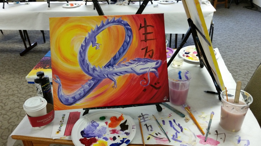 The purple ribbon dragon! A symbol of strength and the fight against pancratic cancer. The Japanese Kanji: "Life, strength, love"